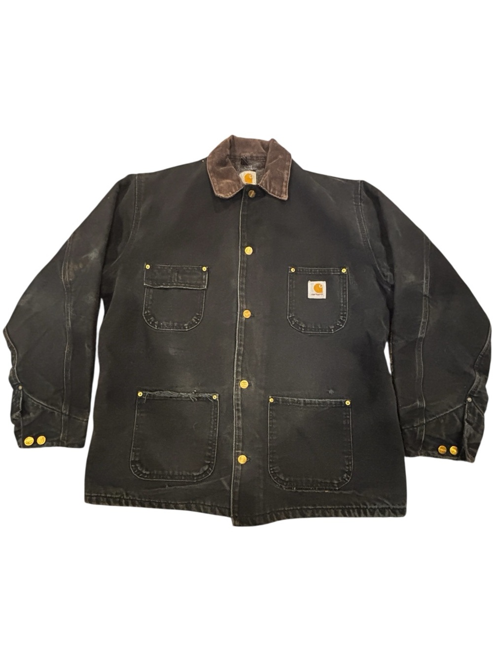 Carhartt Black Duck Canvas Chore Coat Brown Corduroy Collar Distressed